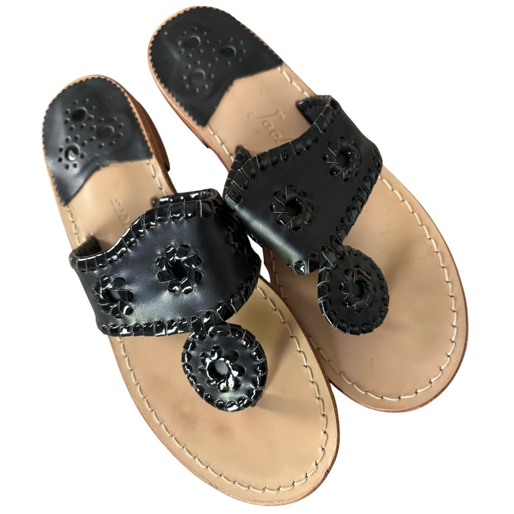 Jack Rogers Original Jacks Black Leather Thong Sandals Wms 7 M Whipstitch Thong